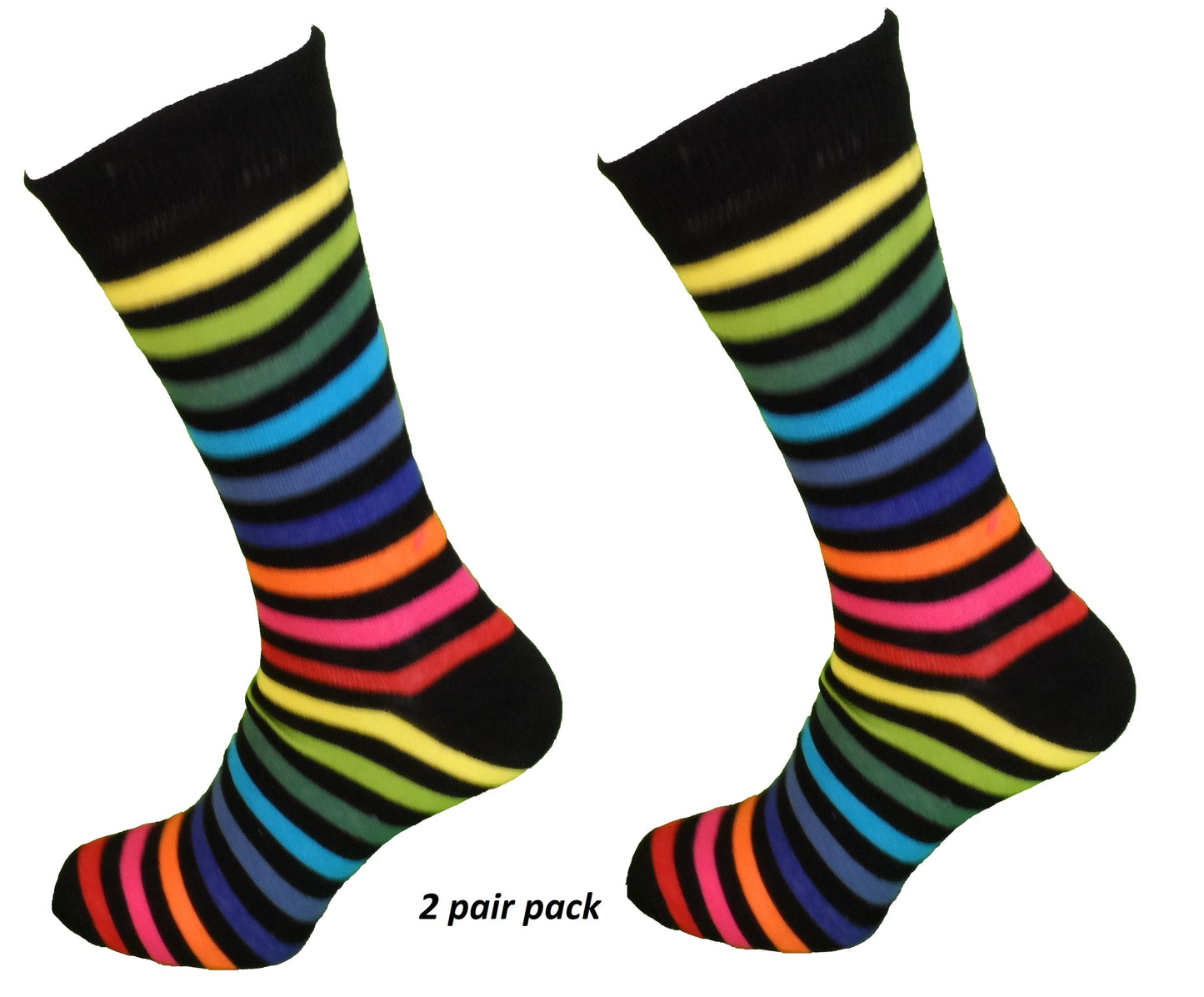 Mens 2 Pair Pack Black Rainbow Multi Striped Retro Socks