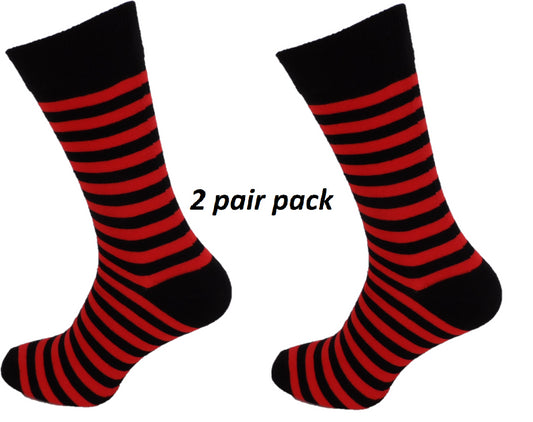 Mens 2 Pair Pack Black and Red Striped Retro Socks