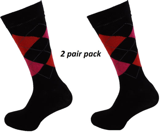 Mens 2 Pair Pack of Black Argyle Patterned Socks