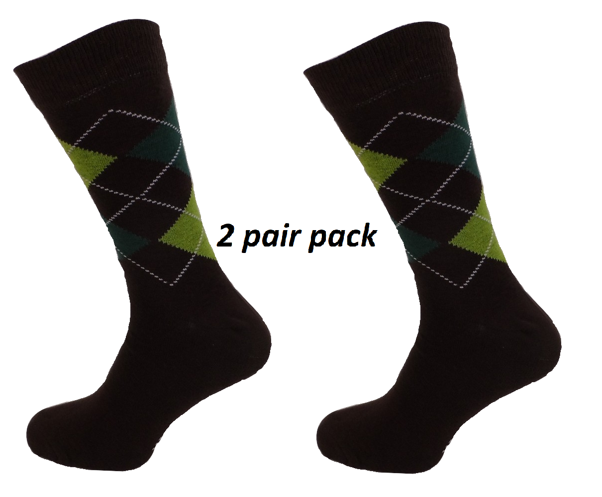 Mens 2 Pair Pack of Brown Argyle Patterned Socks
