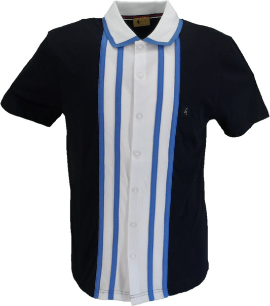 Gabicci Vintageメンズ ネイビー ブルー ボタンアップ ストライプ ポロシャツ