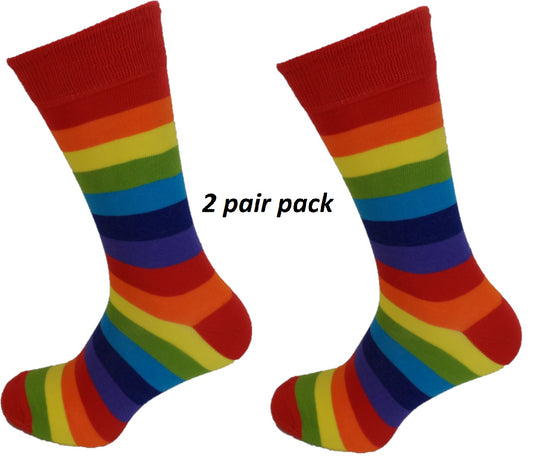 Mens 2 Pair Pack Rainbow Multi Thick Striped Retro Socks