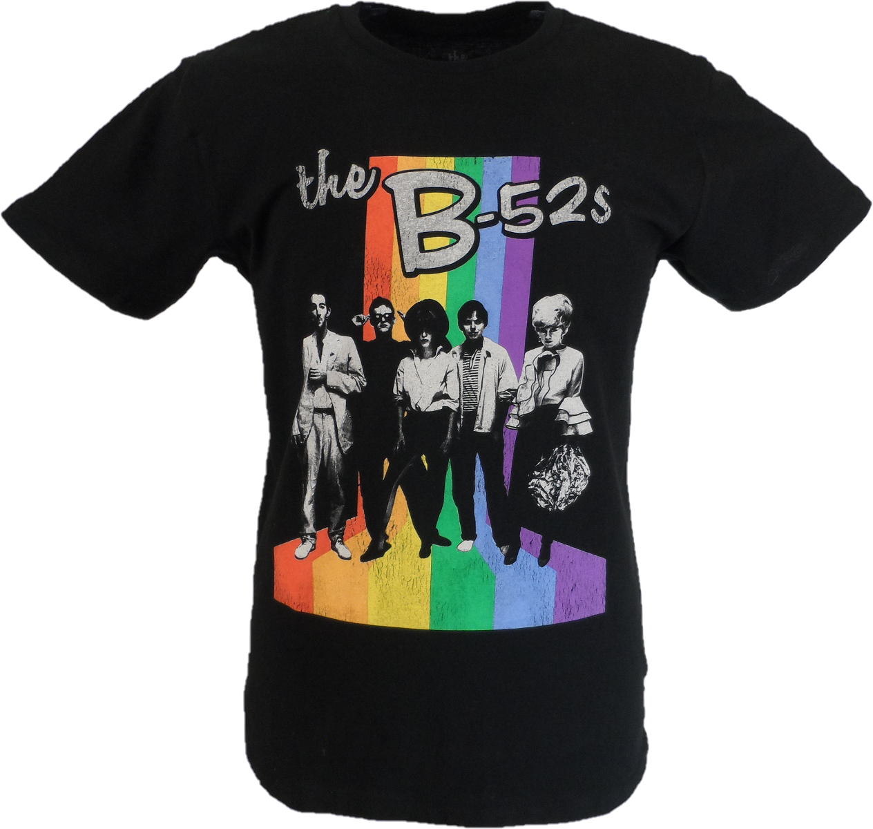 Mens Black Official The B-52s Rainbow Stripes T Shirt