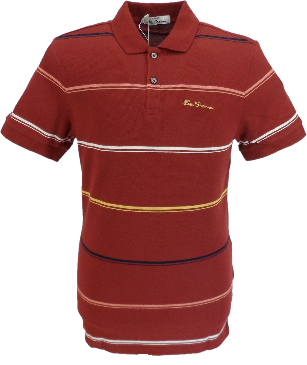 Ben Sherman Mens Red Claret Fine Stripe Patterned Polo Shirt