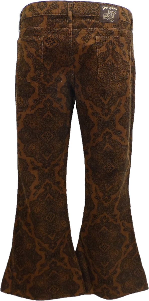 Run & Fly Mens Tan Vintage Jimi Hendrix Paisley Retro Bellbottom Flares