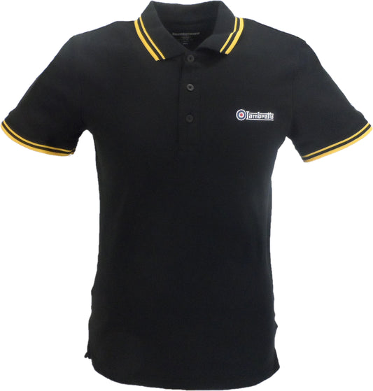 Schwarz-goldene Lambretta Poloshirts mit Retro-Ziellogo aus 100 % Baumwolle