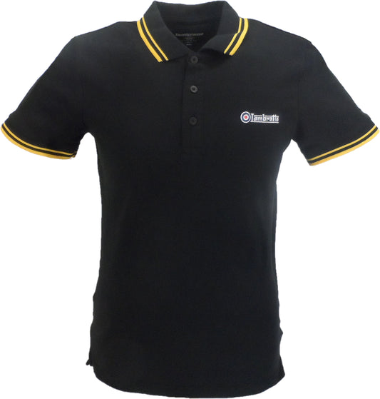 Lambrettaブラック & ゴールド レトロ ターゲット ロゴ 綿 100% ポロシャツ