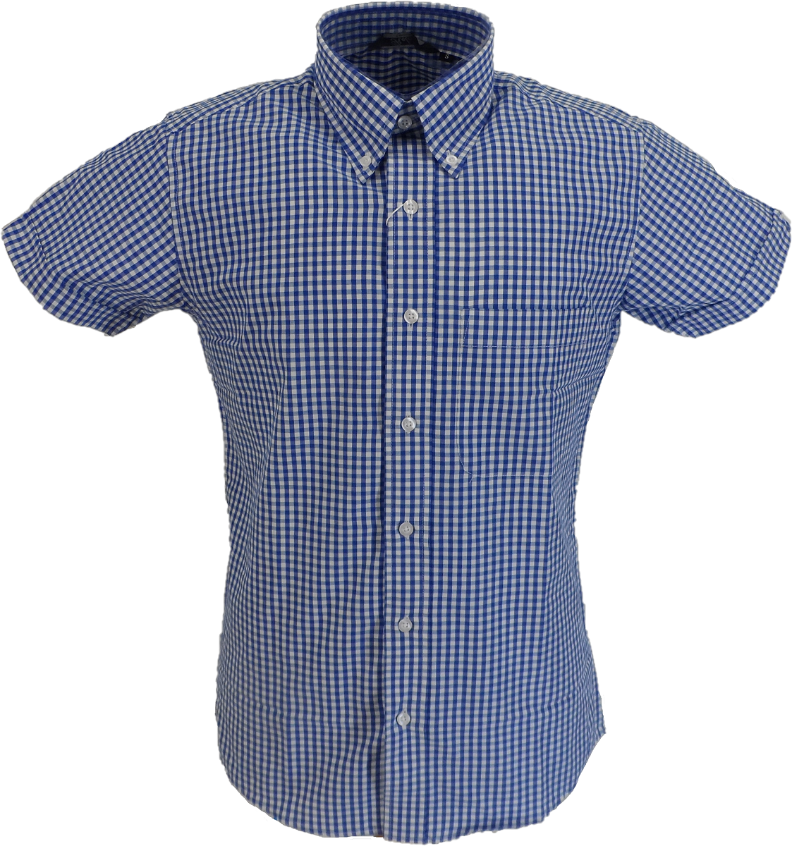 Relco Short Sleeved Blue Gingham Check Cotton Rich Button Down Shirts