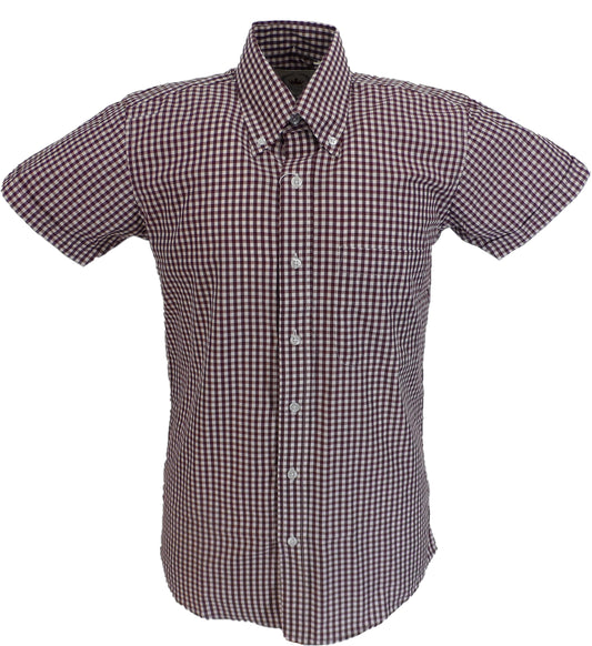 Relco Short Sleeved Burgundy Gingham Check Cotton Rich Button Down Shirts