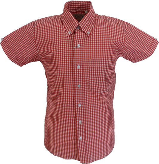 Relco kurzärmelige Button-Down-Hemden im Vintage-Retro-Mod-Stil mit rotem Gingham-Karomuster und hohem Baumwollanteil