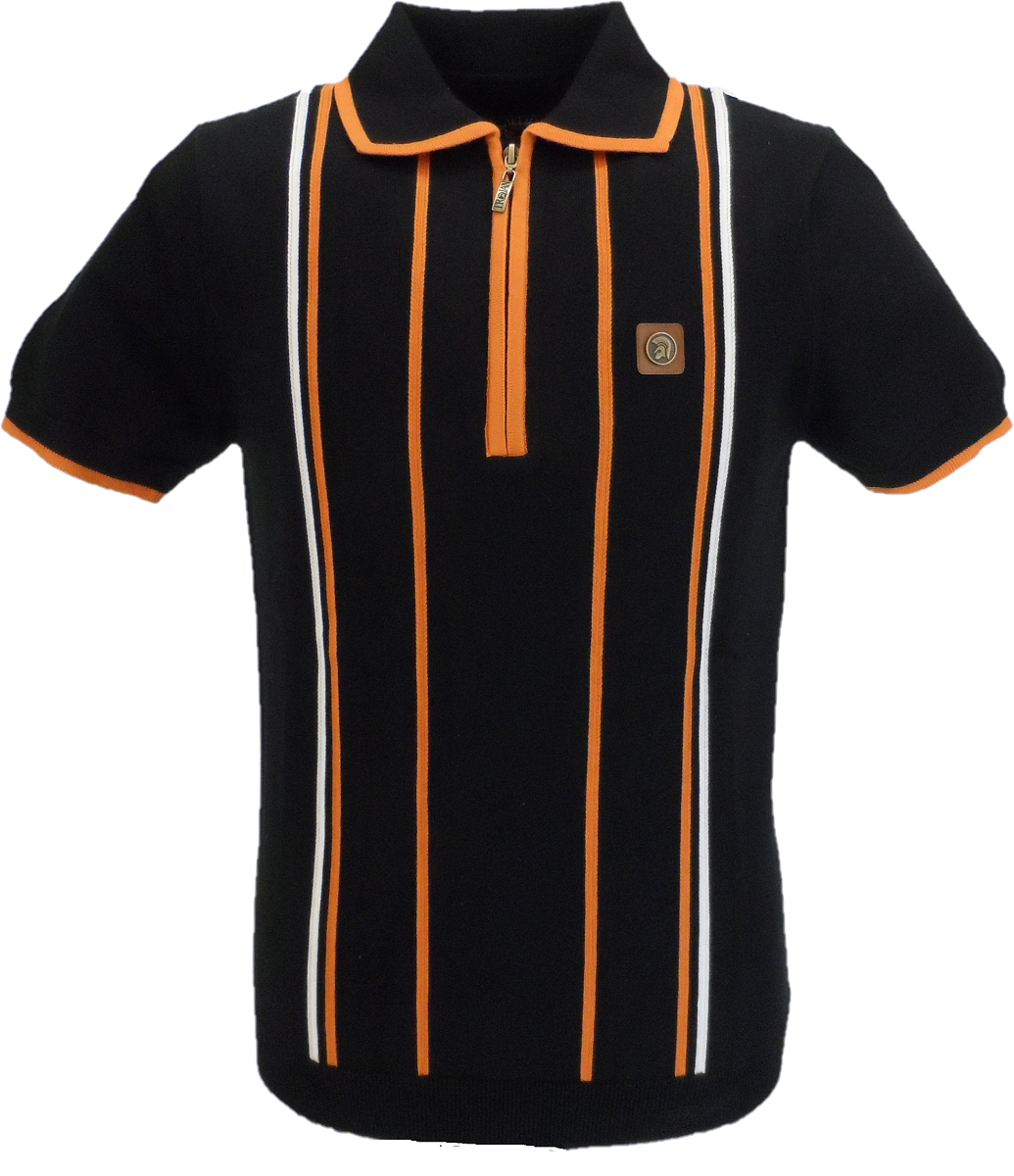 Trojan Records Mens Black Stripe Zipped Knitted Polo Shirt