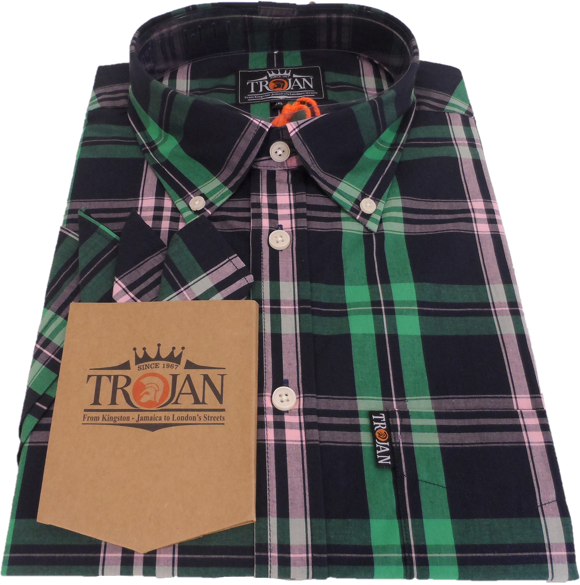 Chemises et pochette de costume à manches courtes et pochette de costume Trojan pour hommes, 100 % coton, à carreaux bleu marine