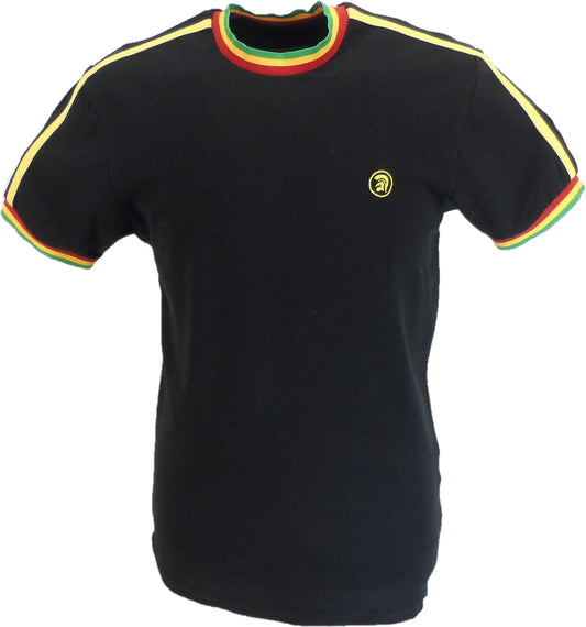 Trojan Herren-T-Shirt aus schwarzem Rasta-Twin-Streifen-Ringer-Piqué-Baumwolle