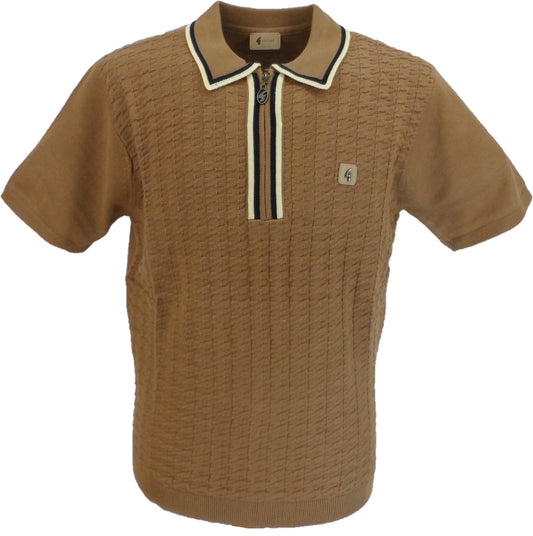 Gabicci Vintage polo zippé tricoté texturé camel pour homme