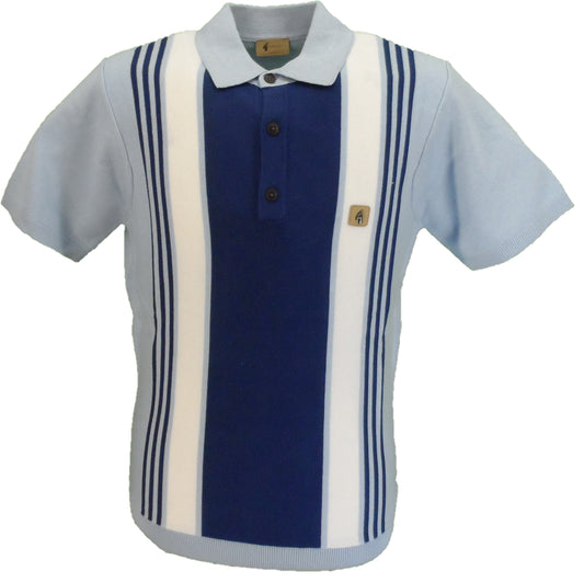Gabicci Vintage Herre Ovenlys Blå Searle Stribet Strikket Poloshirt