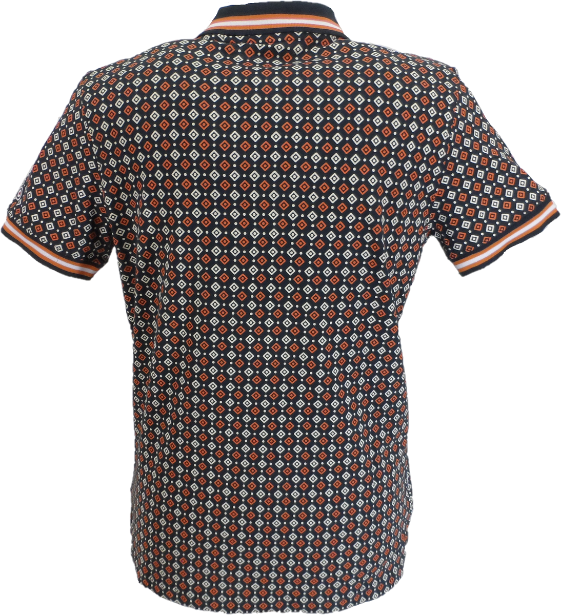 Lambretta Mens Navy/Orange Geometric Print Cotton Polo Shirts