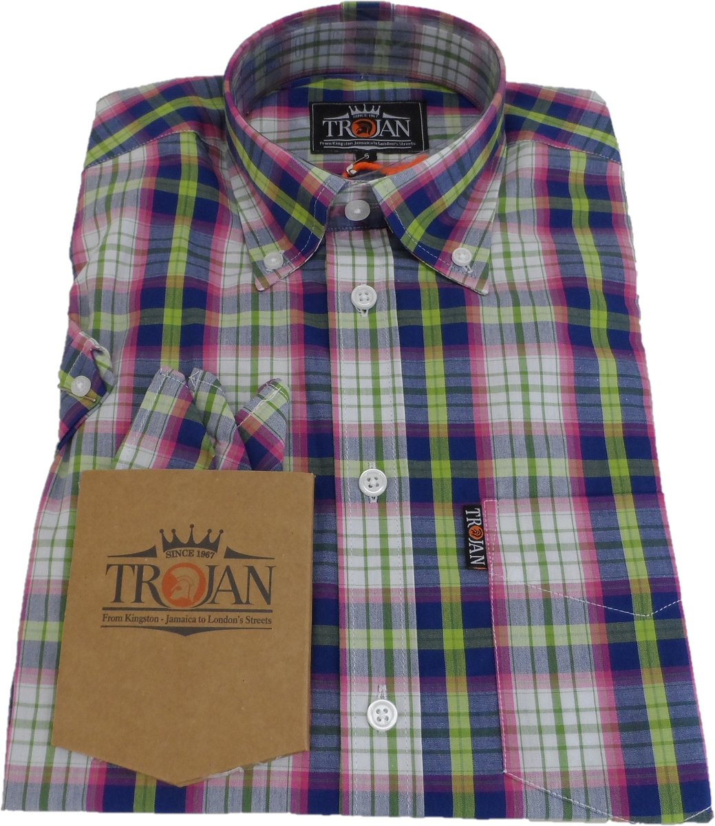 Trojanメンズ マルチチェック ボタンダウン半袖シャツとポケットチーフ