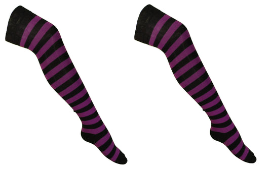 Confezione da 2 paia di Socks sopra il ginocchio a righe viola/neri da donna