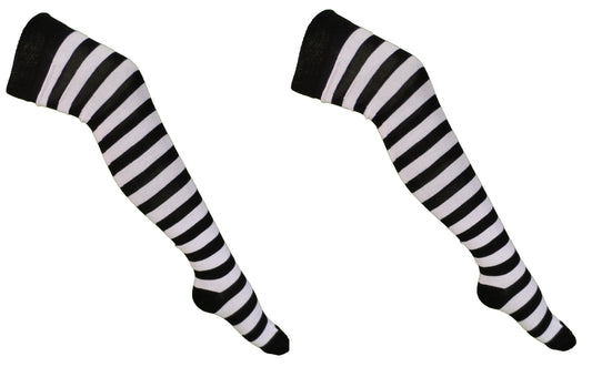 Ladies 2 Pair Pack of White/Black Striped Over the Knee Socks