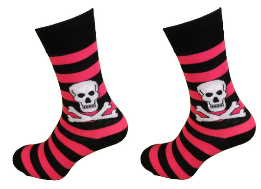 2 pares de calcetines con calavera y Socks cruzadas a rayas fucsia para mujer
