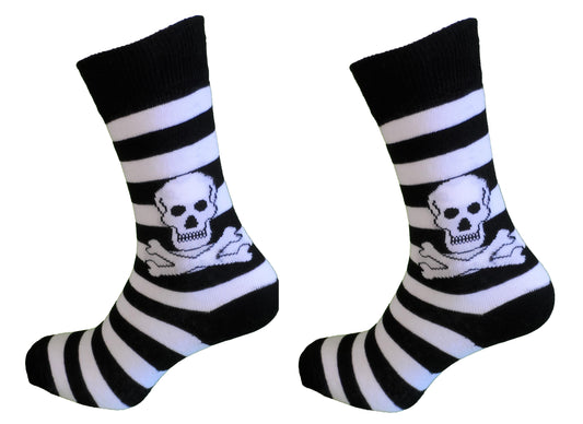 2 Paar schwarz/weiß gestreifte Damensocken mit Totenkopf und gekreuzten Socks
