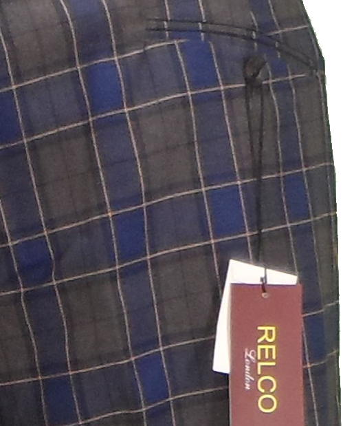 Relco Mens Blue/Grey/Mustard Tartan Check Slim Fit Sta-Press Trousers