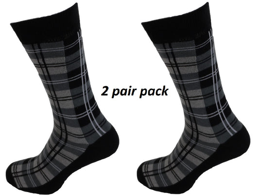 Mens 2 Pair Pack Grey Tartan Retro Socks