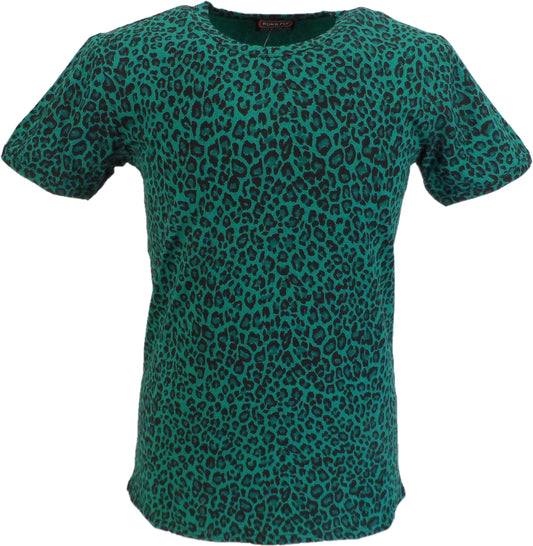 Run & Fly t-shirt rétro pour hommes à imprimé léopard sarcelle des années 70