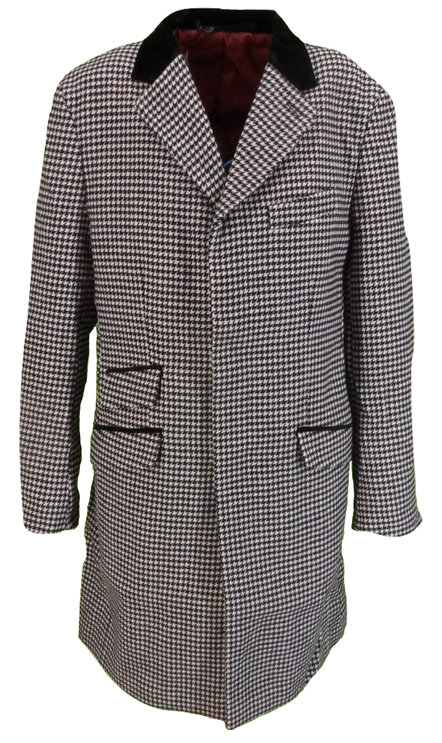Merc Mens Wool Rich Dogtooth Doormans Overcoat With Faux Suede Trim