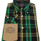 Trojanメンズ グリーン/ブラック/ゴールド チェック半袖シャツとポケット チーフ
