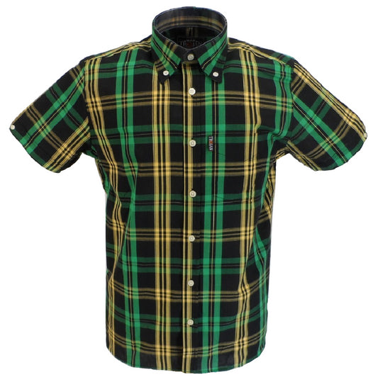 Trojanメンズ グリーン/ブラック/ゴールド チェック半袖シャツとポケット チーフ