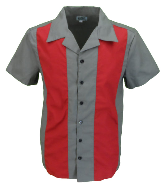 Mazeys Herre Retro Grå/Burgunder Rockabilly Bowling Shirts