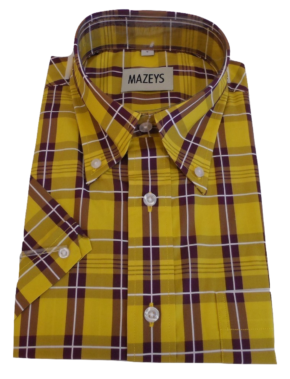 Mazeys Mens Yellow and Oxblood Checked 100% Cotton Short Sleeved Shirts