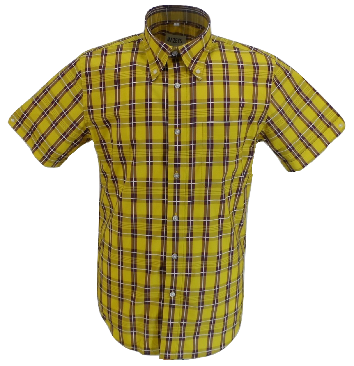 Mazeys Herren-Kurzarmhemden aus 100 % Baumwolle mit Karomuster in Gelb und Ochsenblut