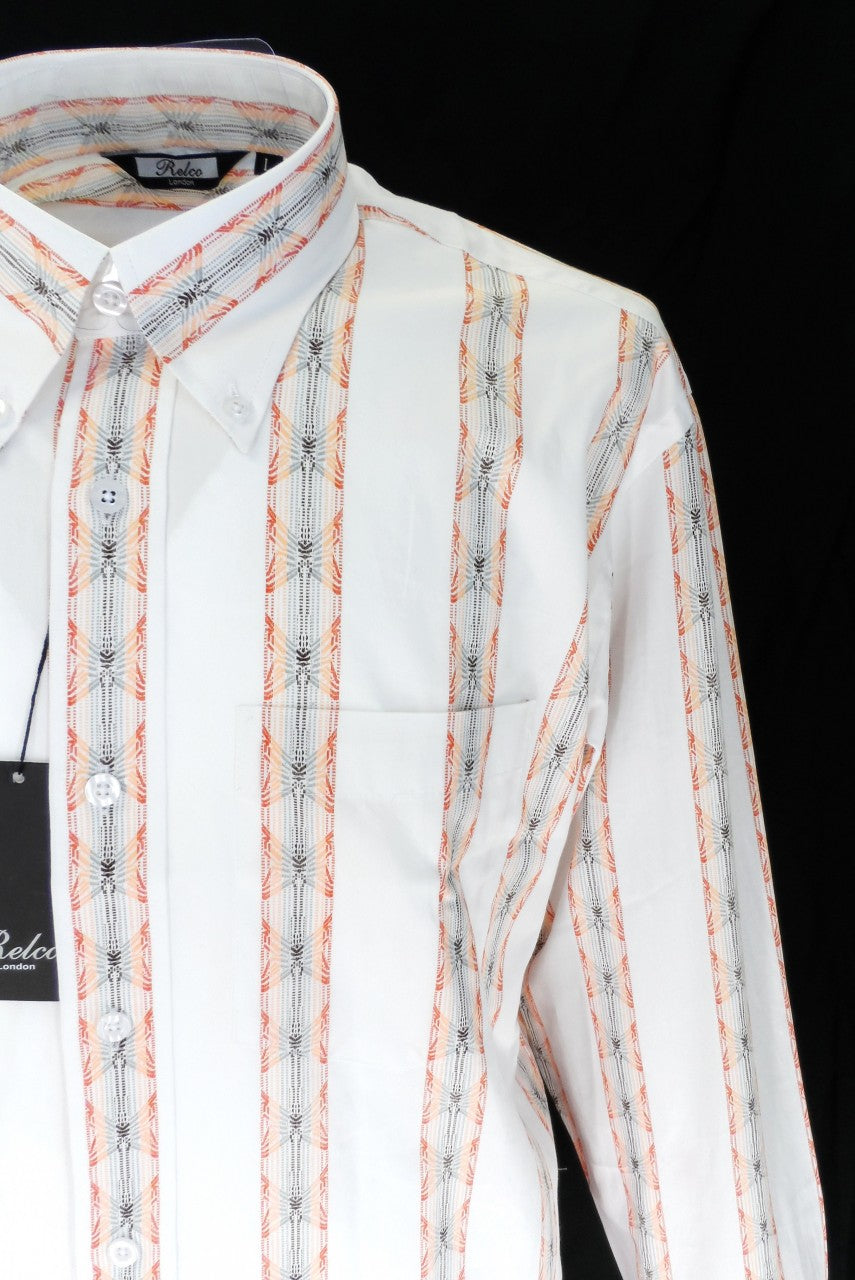 Relco Off White Orange Striped Cotton Long Sleeved Retro Mod Button Down Shirts