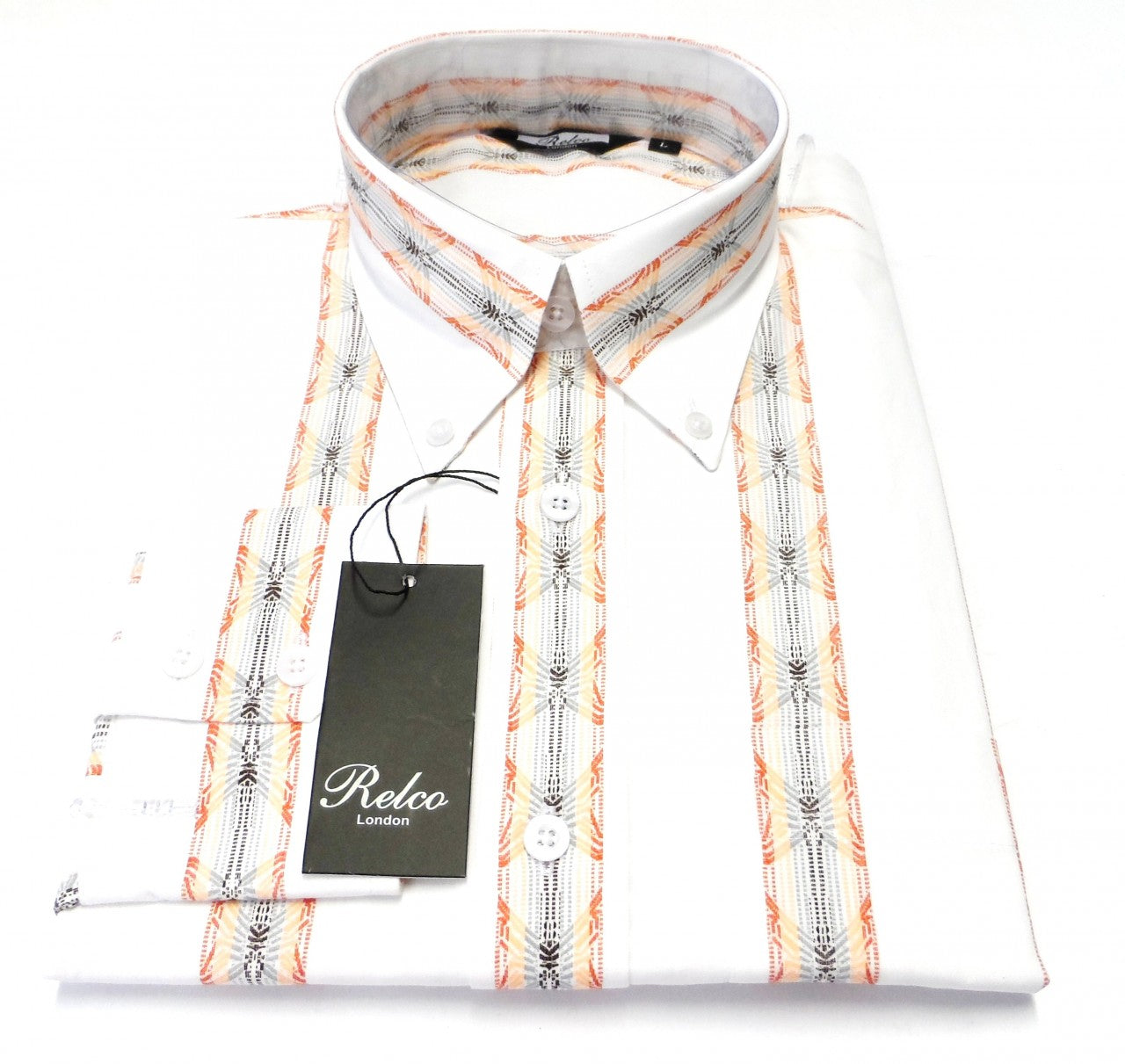 قمصان Relco قطنية مخططة باللون الأبيض والبرتقالي بأكمام طويلة وأزرار سفلية